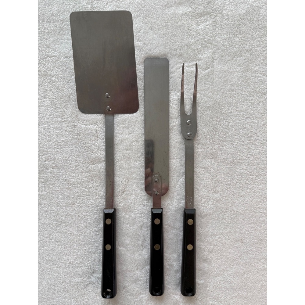 Vintage Set of 3 Ekco Forge Stainless Steel USA Spatula Turner Fork Black Handle